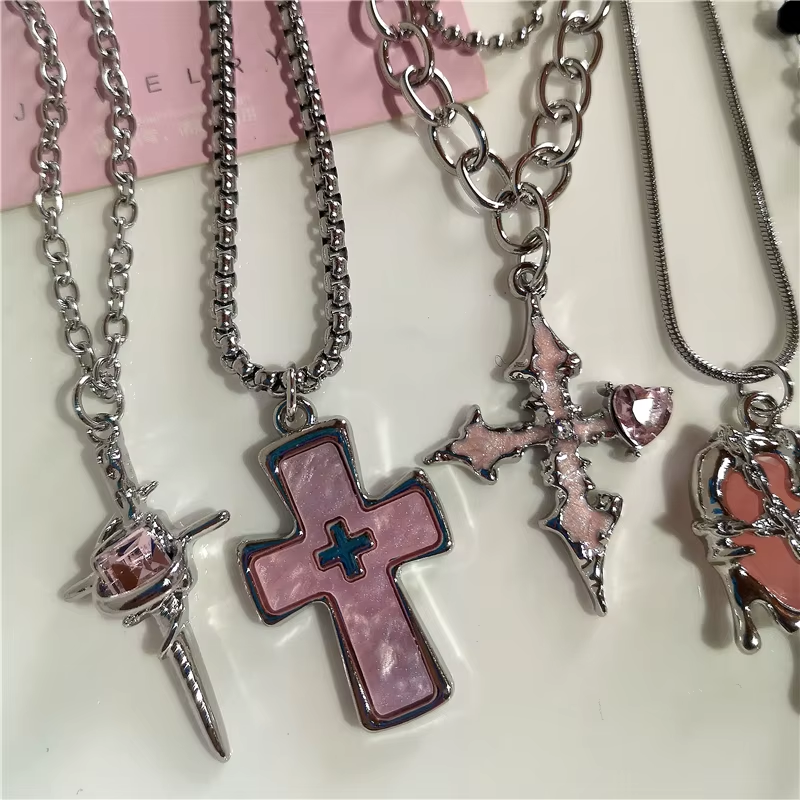 Gothic Y2K Pink Cross Heart Pendant