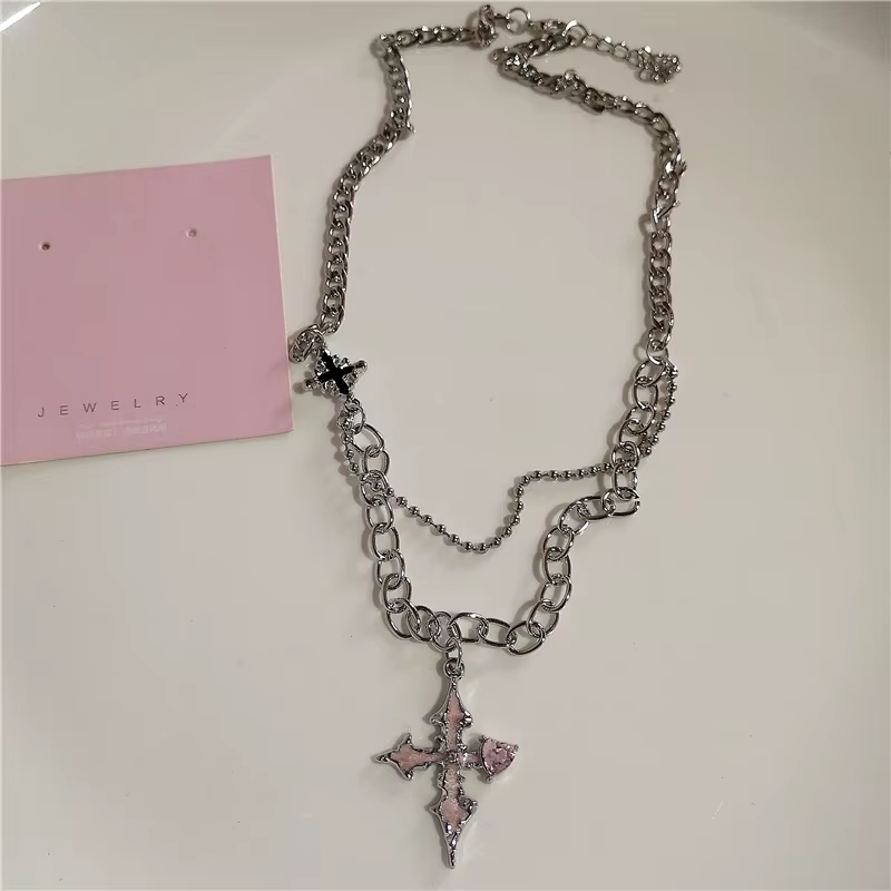Gothic Y2K Pink Cross Heart Pendant