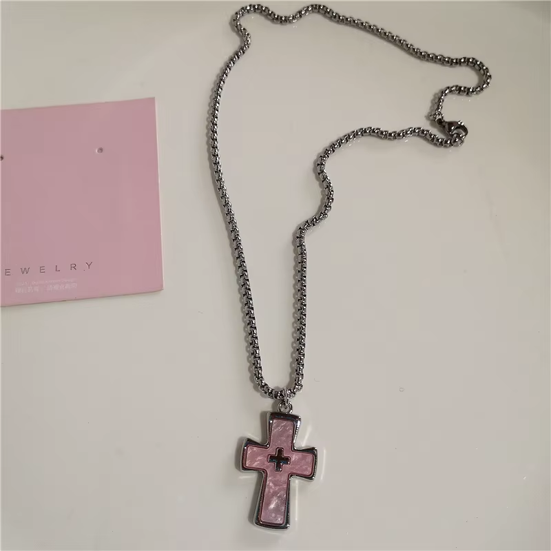Gothic Y2K Pink Cross Heart Pendant